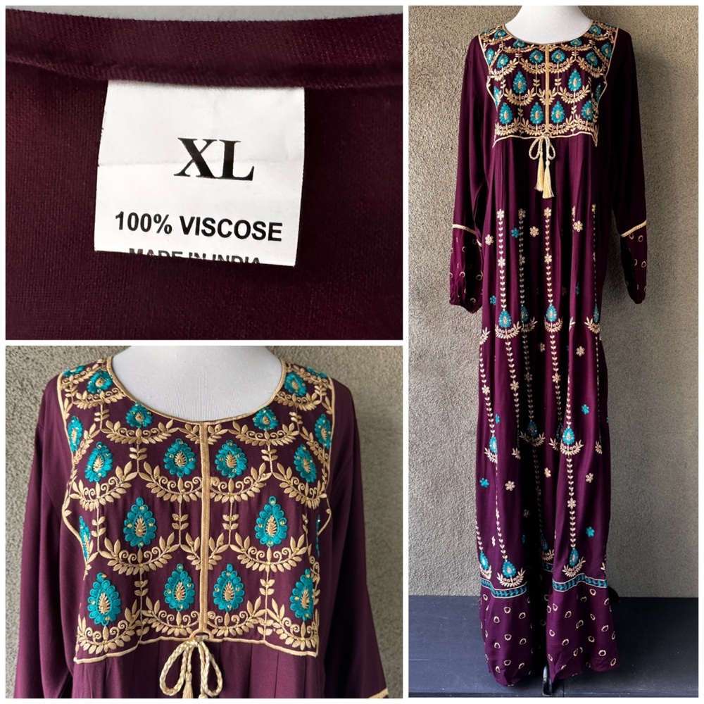 Elegant Burgundy Embroidered Maxi Dress Caftan NWOT